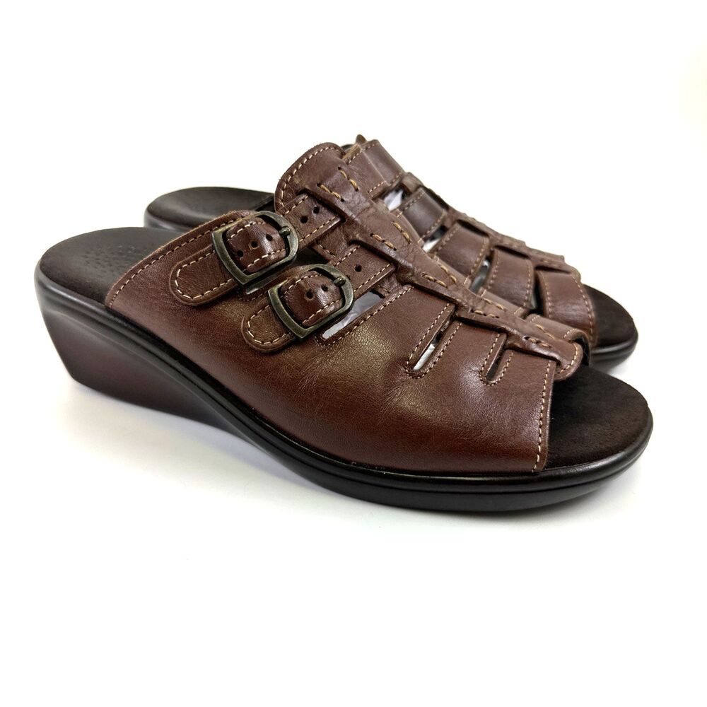 SAS Tango Slide Wedge Sandal Slip On Brown Leather Buckle Comfort Womens 6.5 WW